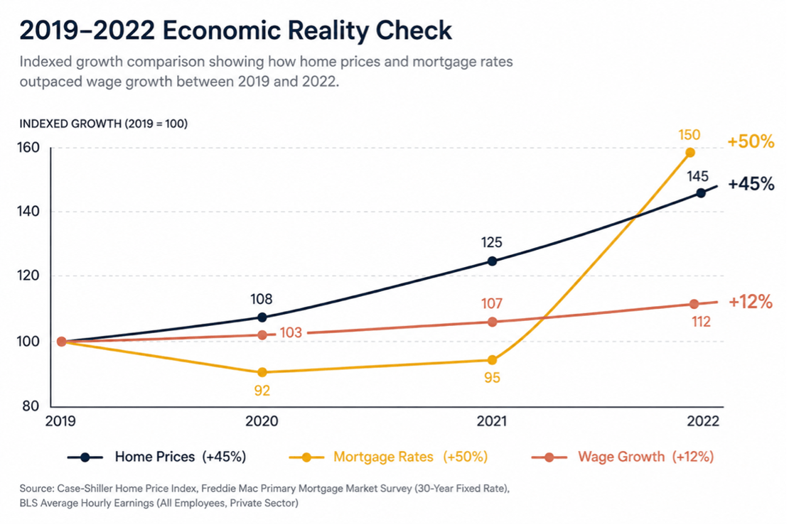 Line chart titled 2019–2022 Economic Reality Check comparing indexed growth of home prices (+45%), mortgage rates (+50%), and wages (+12%), showing home prices and mortgage rates rising faster than wages from 2019 to 2022.